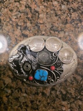 Western Silver-Tone Belt Buckle with Turquoise and Coin Accents
